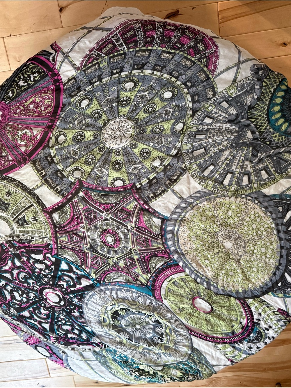 Circular Medallion in Pink, Green, Gray scarf- silk I think